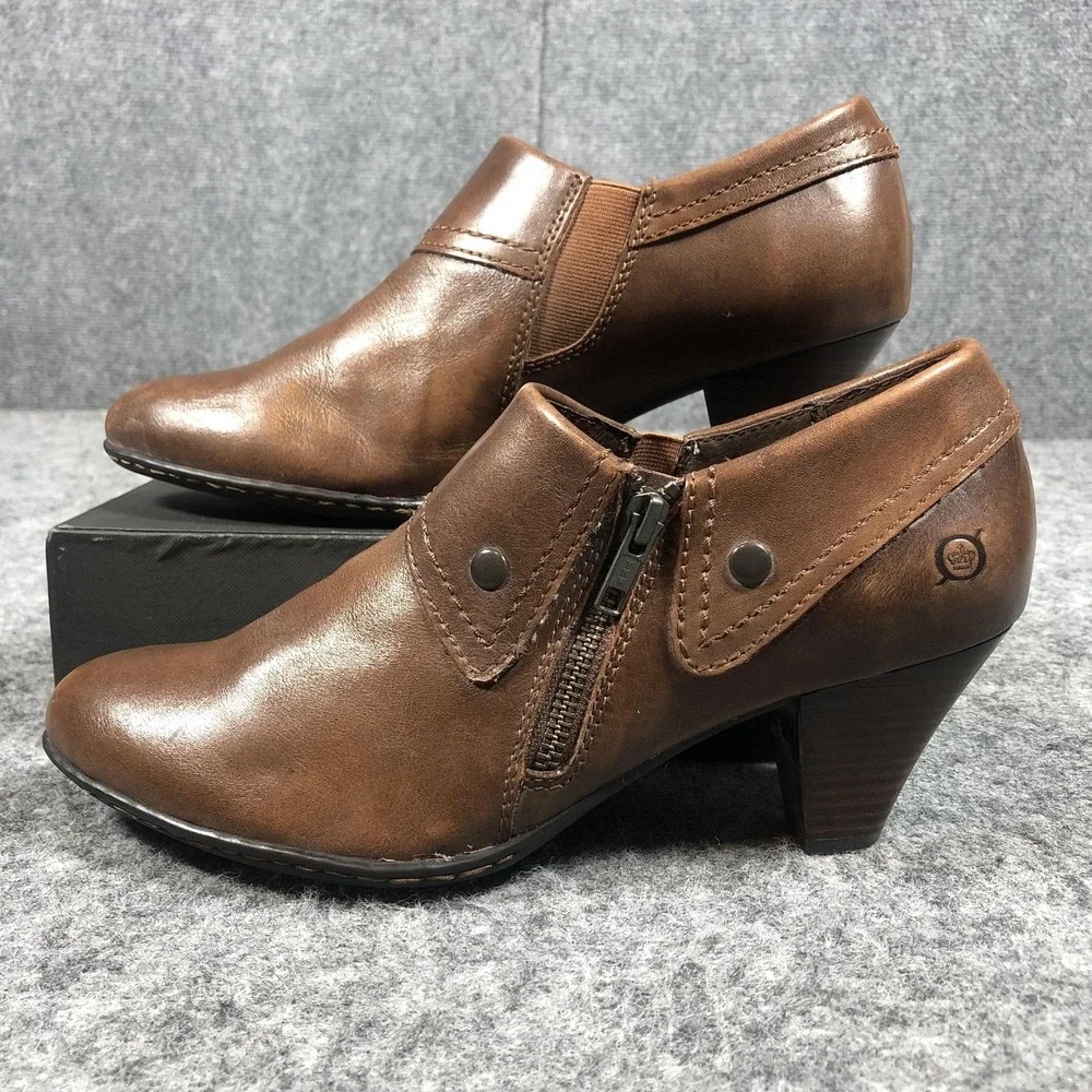 Born‎ Ankle Booties Womens 9 Brown Leather Zip Cone Heel Casual Boots W62426